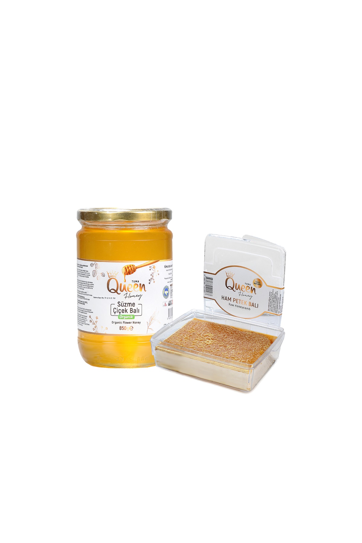 Queen Honey Organik Süzme Balı 850gr + Ham Petek Balı 340gr
