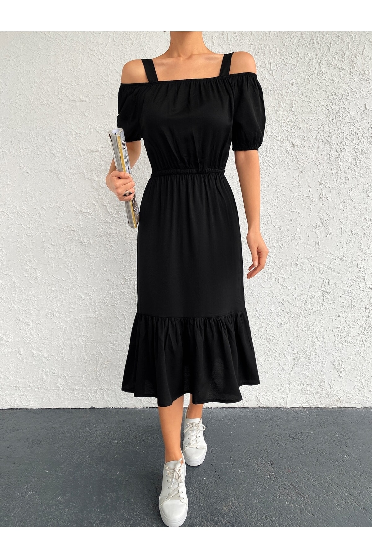 armonika Kadın Siyah Beli Lastikli Askılı Elbise ARM-21K001214