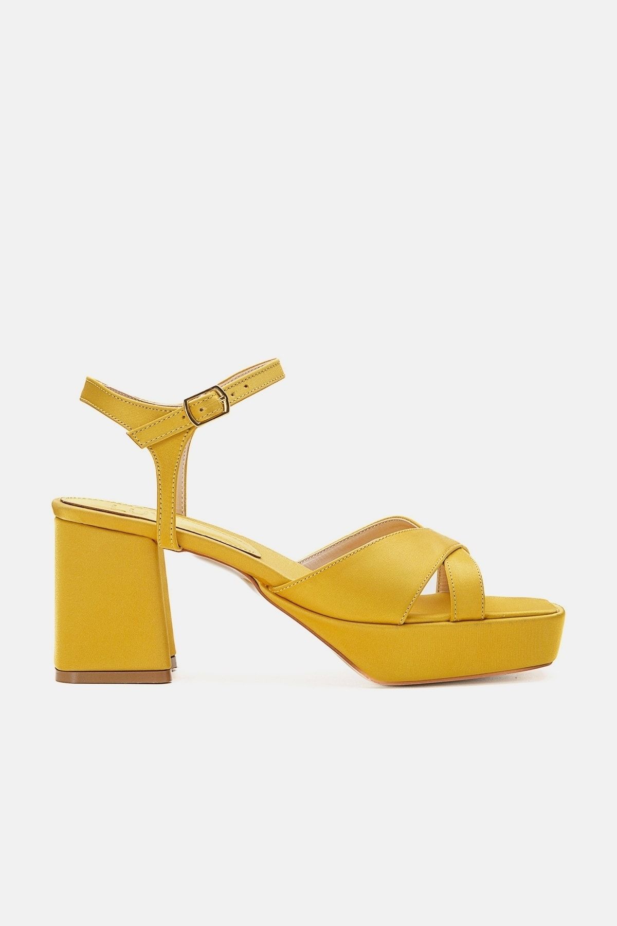 کفش پاشنه کلاسیک زرد زنانه منهای ساتن luvishoes
