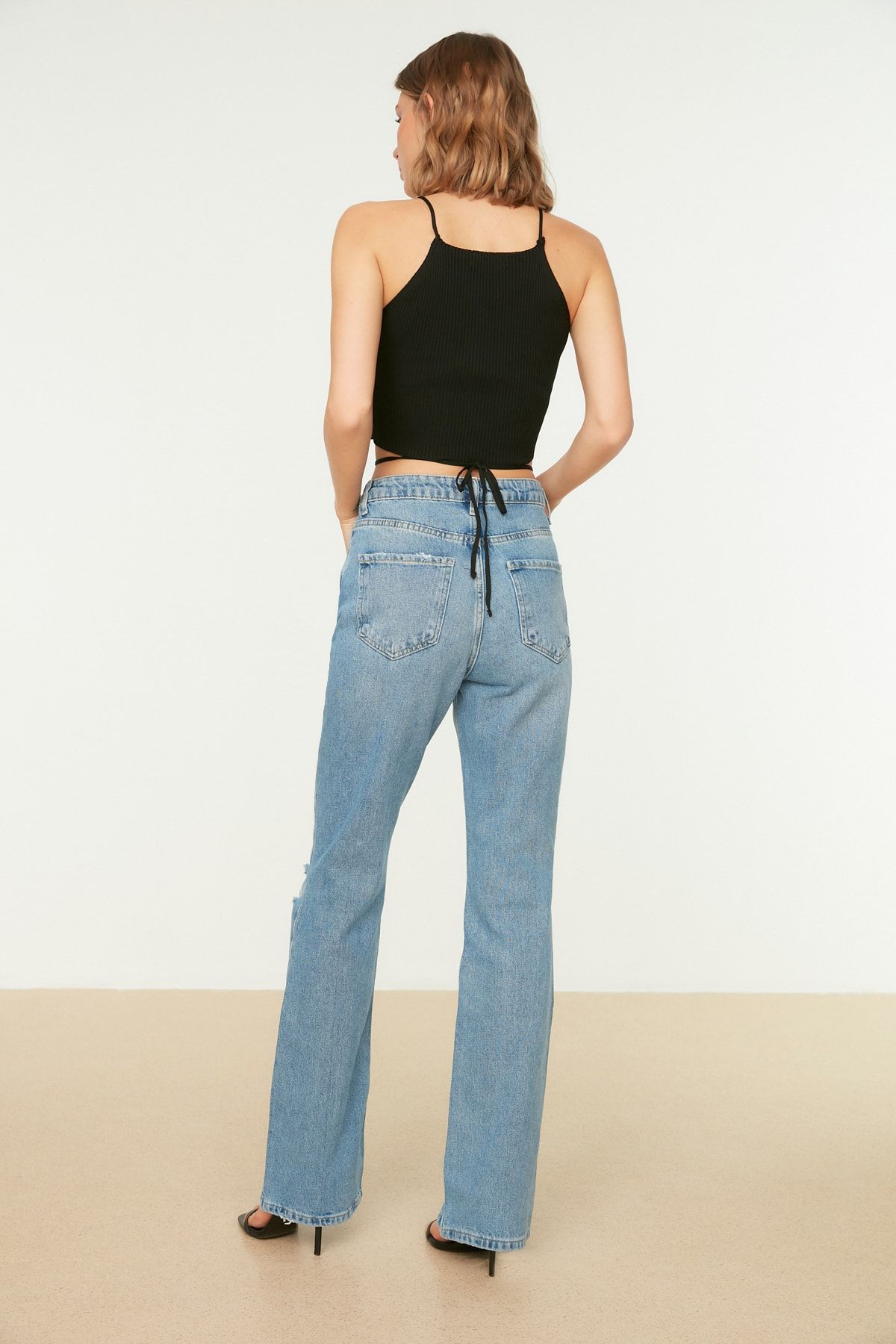 Trendyol Collection-Blue Ripped Detailed High Waist Flare Jeans TWOSS22JE0440 13