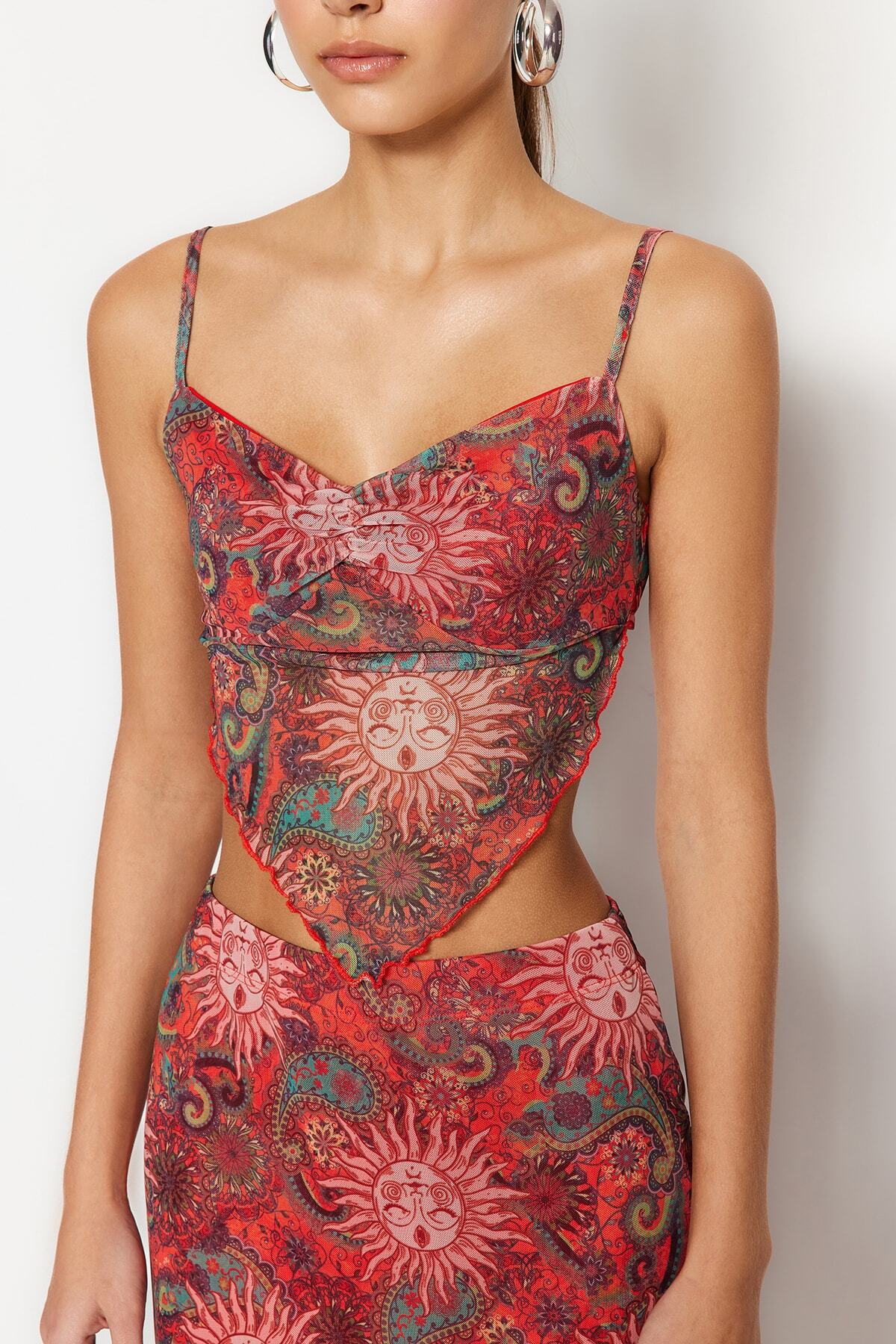 Trendyol Collection-Помаранчева блузка Tul Orme TWOSS23BZ00566 з асиметричним капюшоном і поперечними бретелями 5