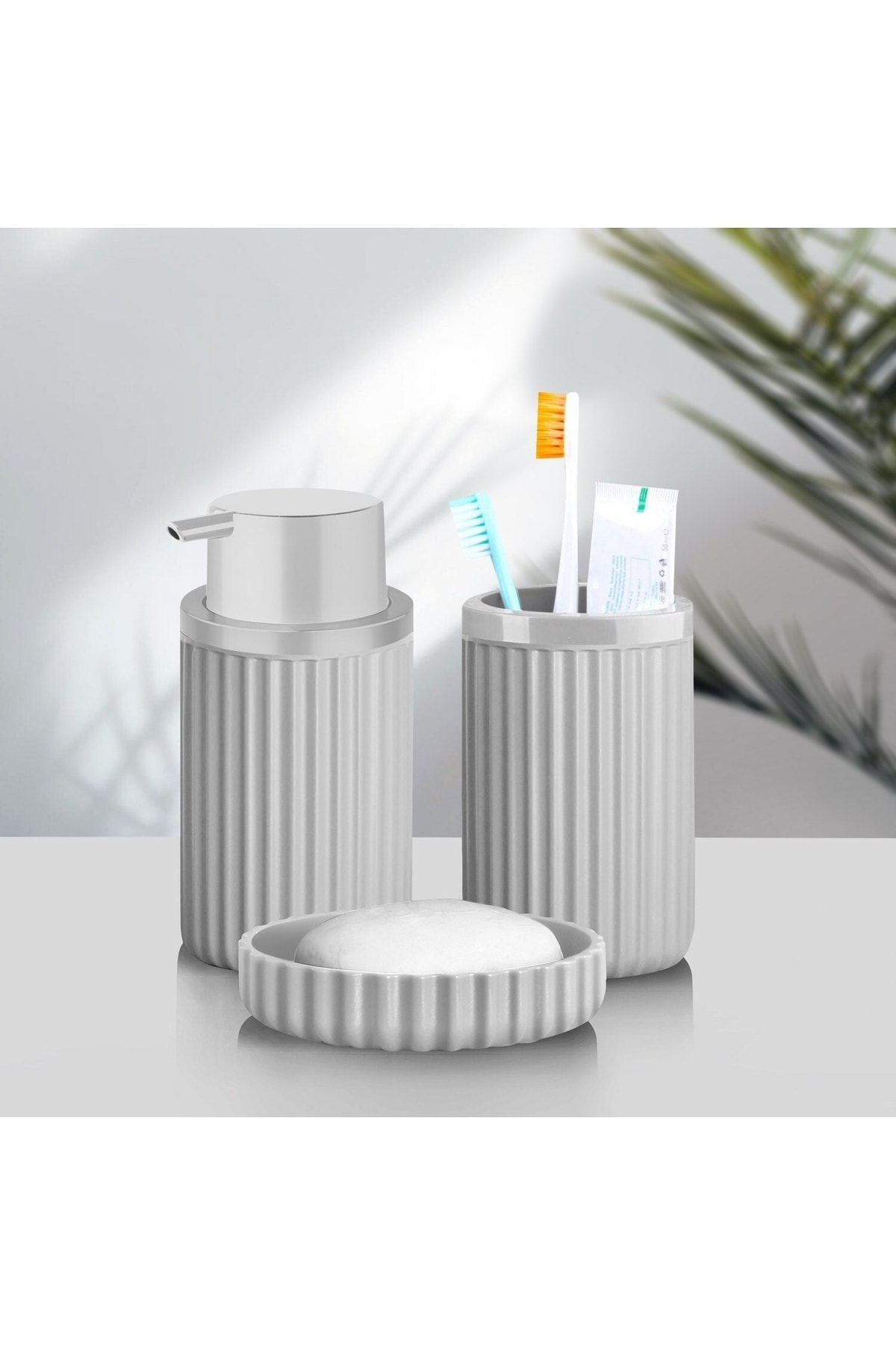 Sas Haus Banyo Takımı Diş Fırçalık Sıvı Sabunluk Katı Sabunluk 3'lü Set Gri