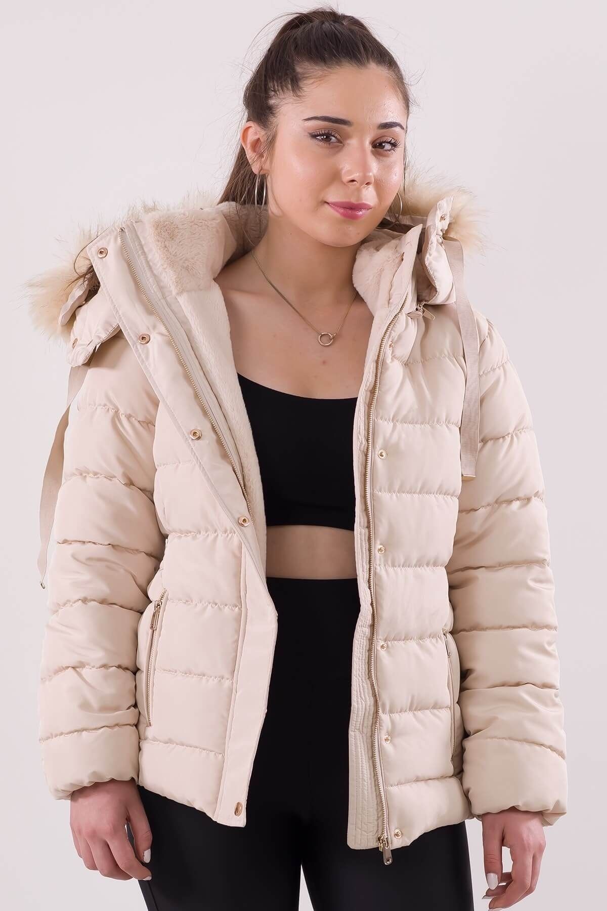 VODENS Women s Beige Removable Hooded Waterproof Coat with Fur Inside