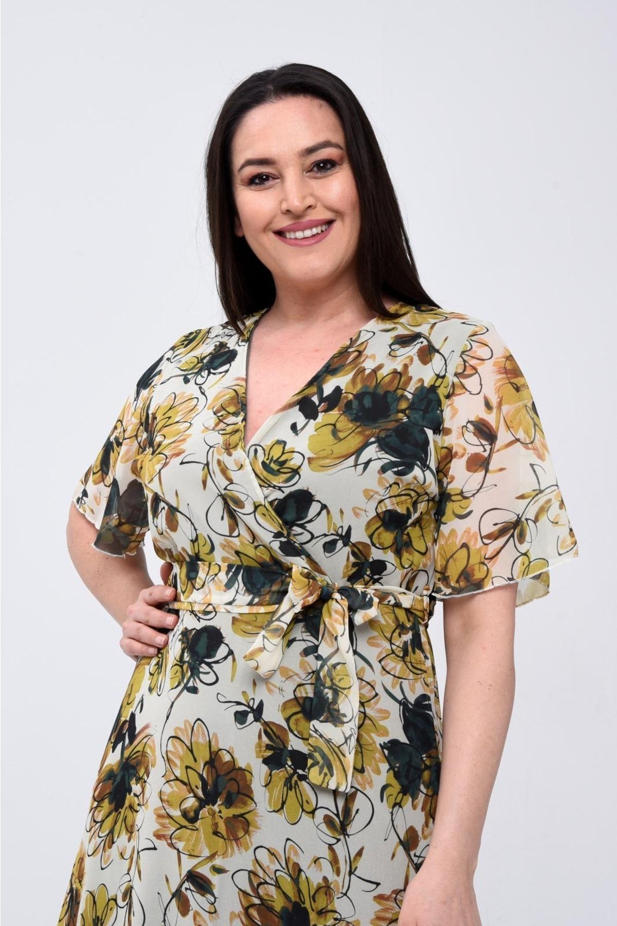 Şirin Butik-فستان سهرة شيفون نسائي مقاس كبير بياقة مزدوجة الصدر وطبعة زهور 6