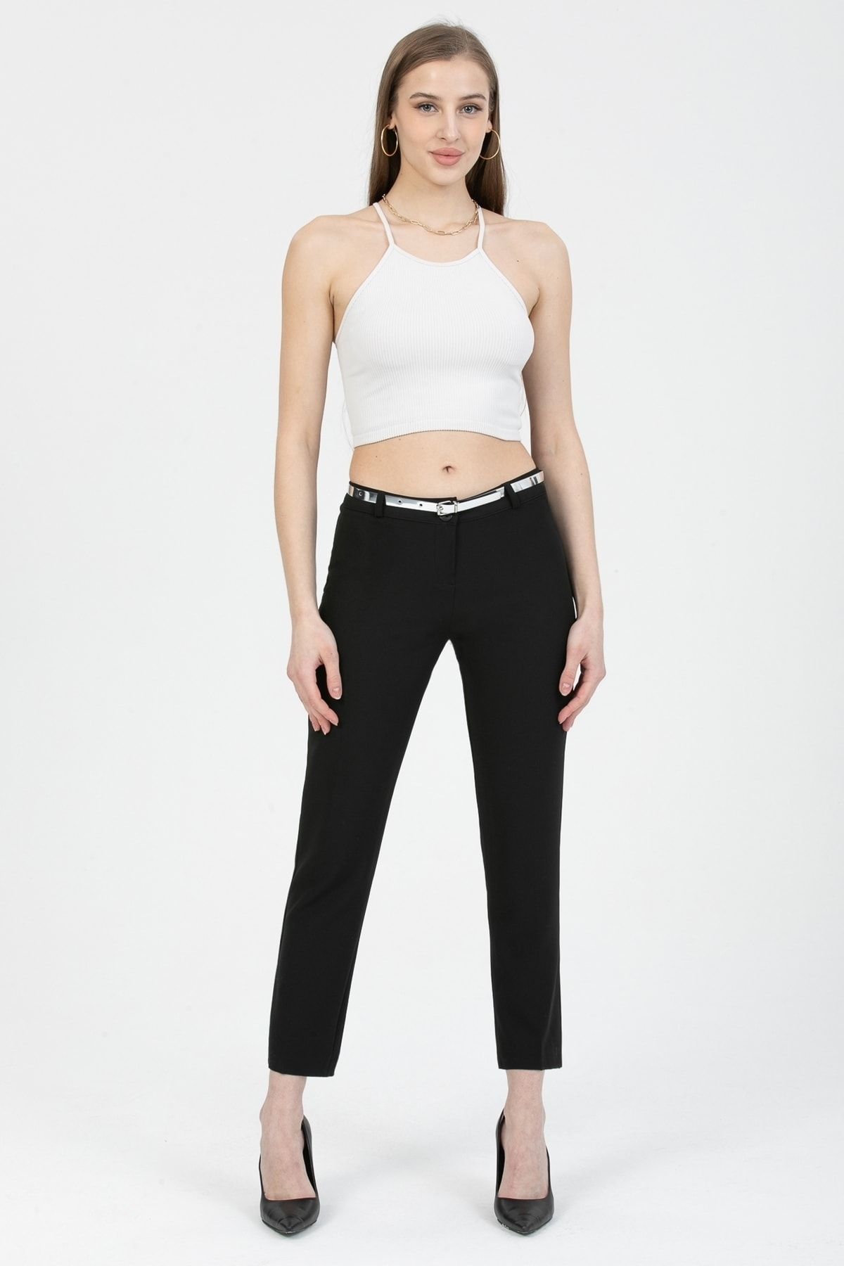 MD trend-Women's Black Belted Classic Fabric Trousers 1