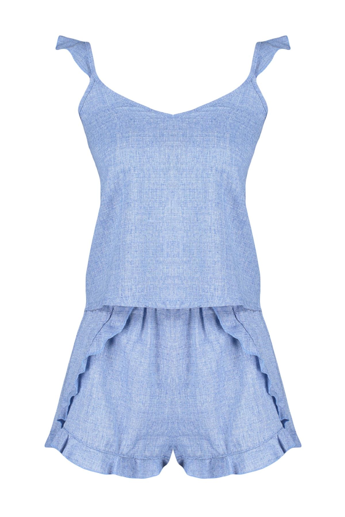 Trendyol Collection-Blue 100% Cotton Ruffle Detailed Tank Top-Shorts Pajamas Set THMSS23PT00231 7