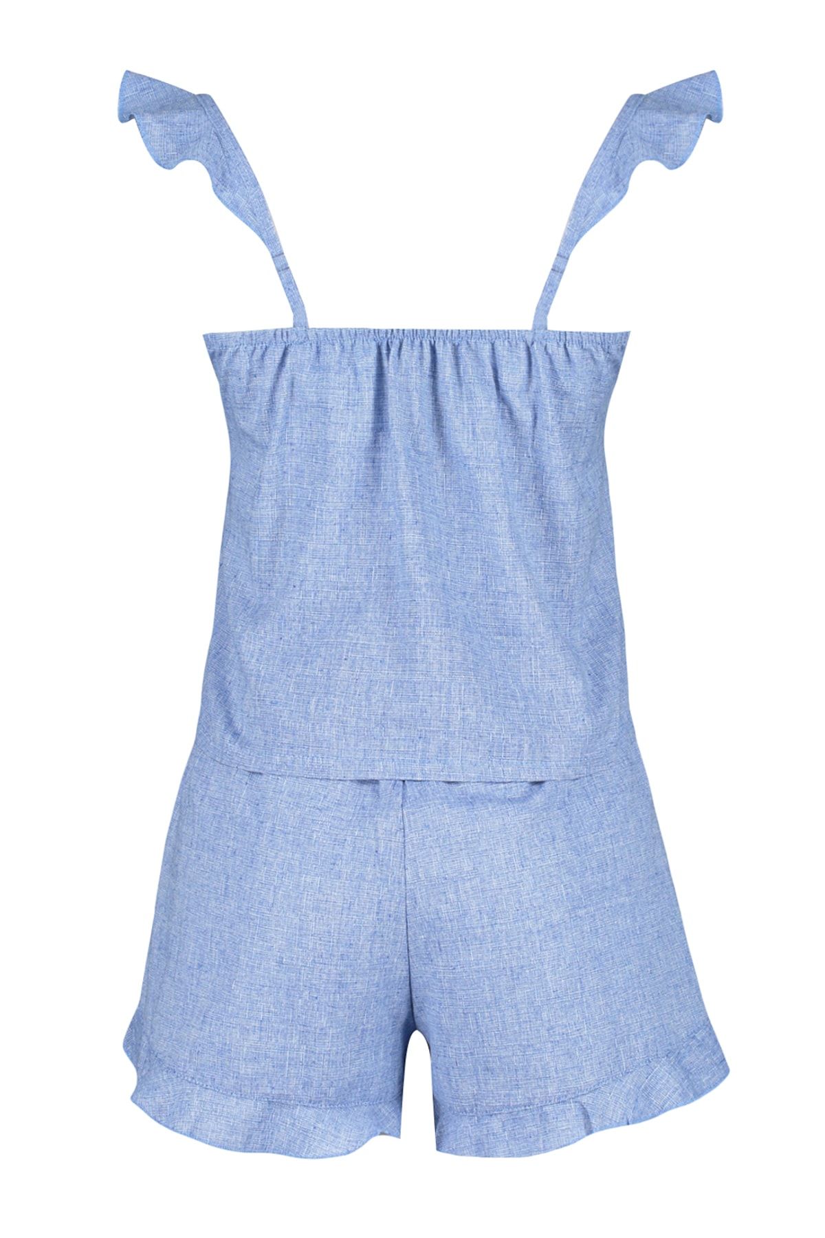 Trendyol Collection-Blue 100% Cotton Ruffle Detailed Tank Top-Shorts Pajamas Set THMSS23PT00231 9