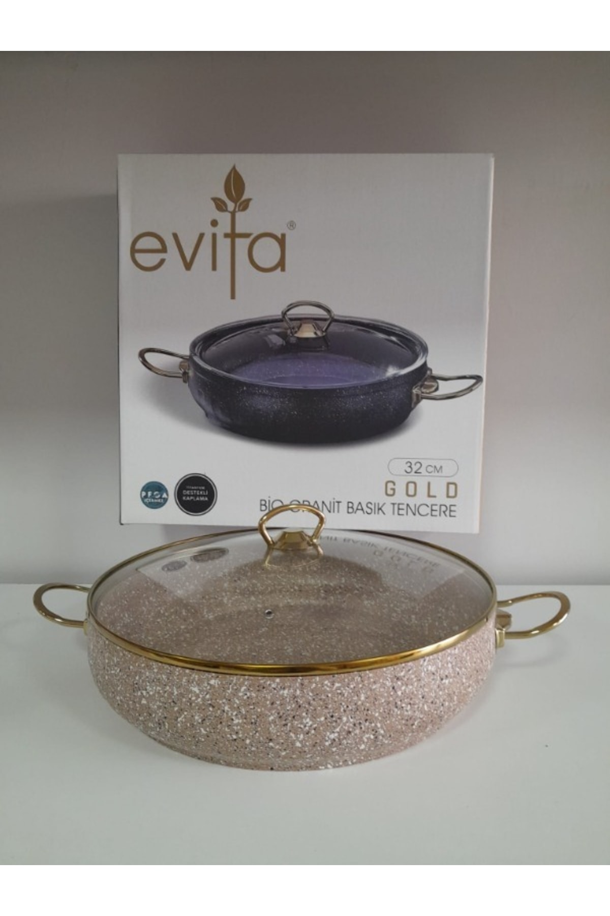 Evita 32 Cm Bio Granit Gold Basık Tencere