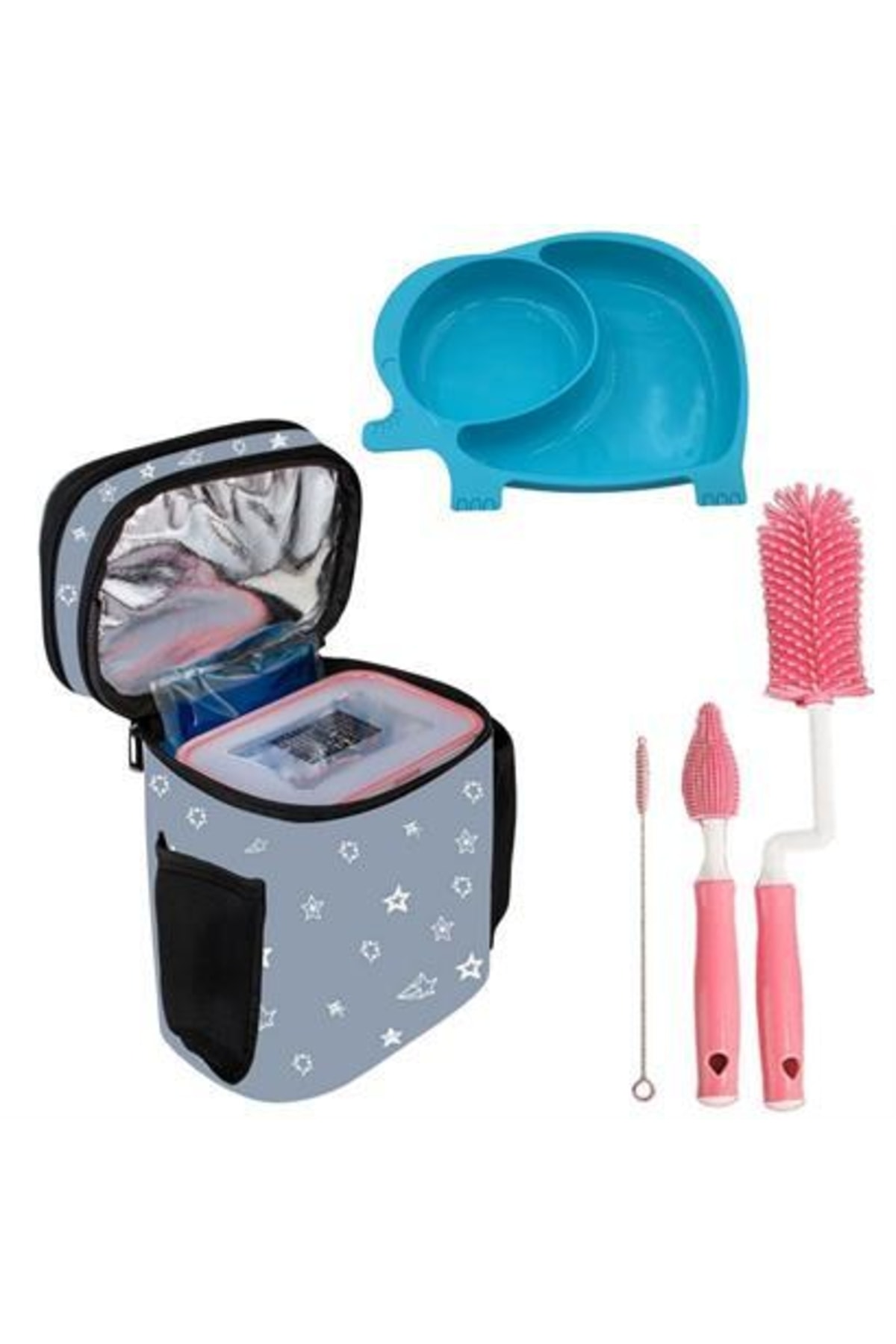 BSSM Buffer® Deprem Çocuk Bebek Bakım Seti 3 Bakım Çantası+mavi Mama Tabağı+biberon Temizleme Fırçası