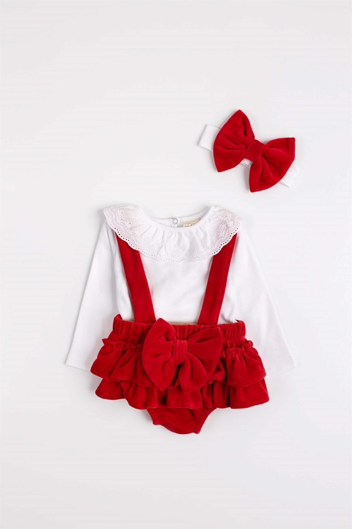 Le Mabelle Kırmızı Fisto Yaka Gömlekli Kız Bebek Ikili Romper Takım - Candace OR10015