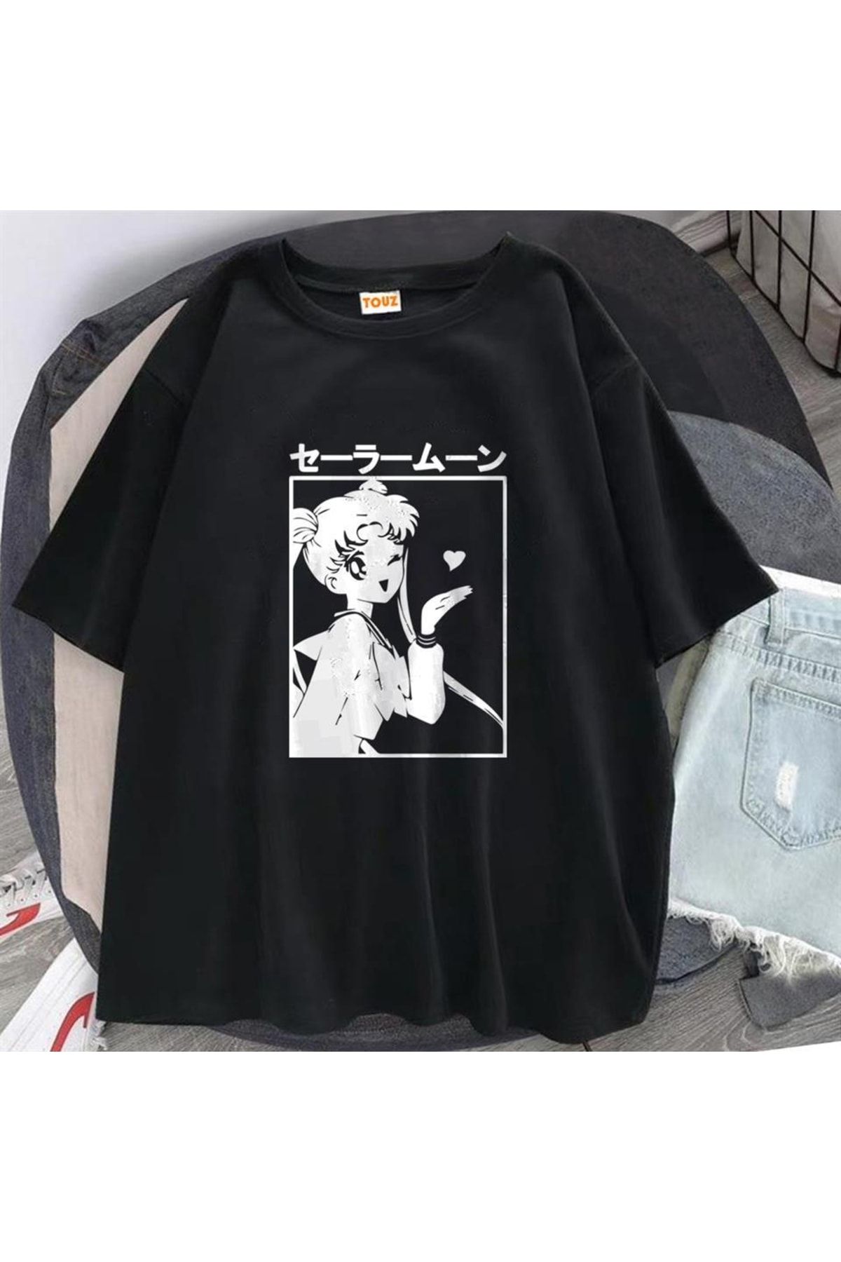 Touz zolid wear Sailor Moon Baskılı Siyah Unisex Oversize T-shirt