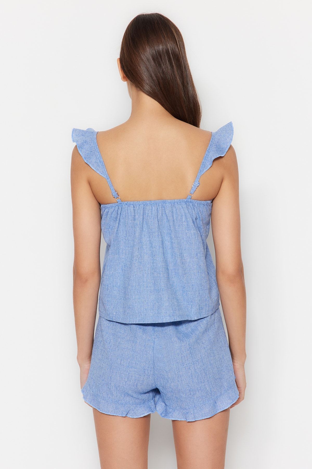 Trendyol Collection-Blue 100% Cotton Ruffle Detailed Tank Top-Shorts Pajamas Set THMSS23PT00231 6