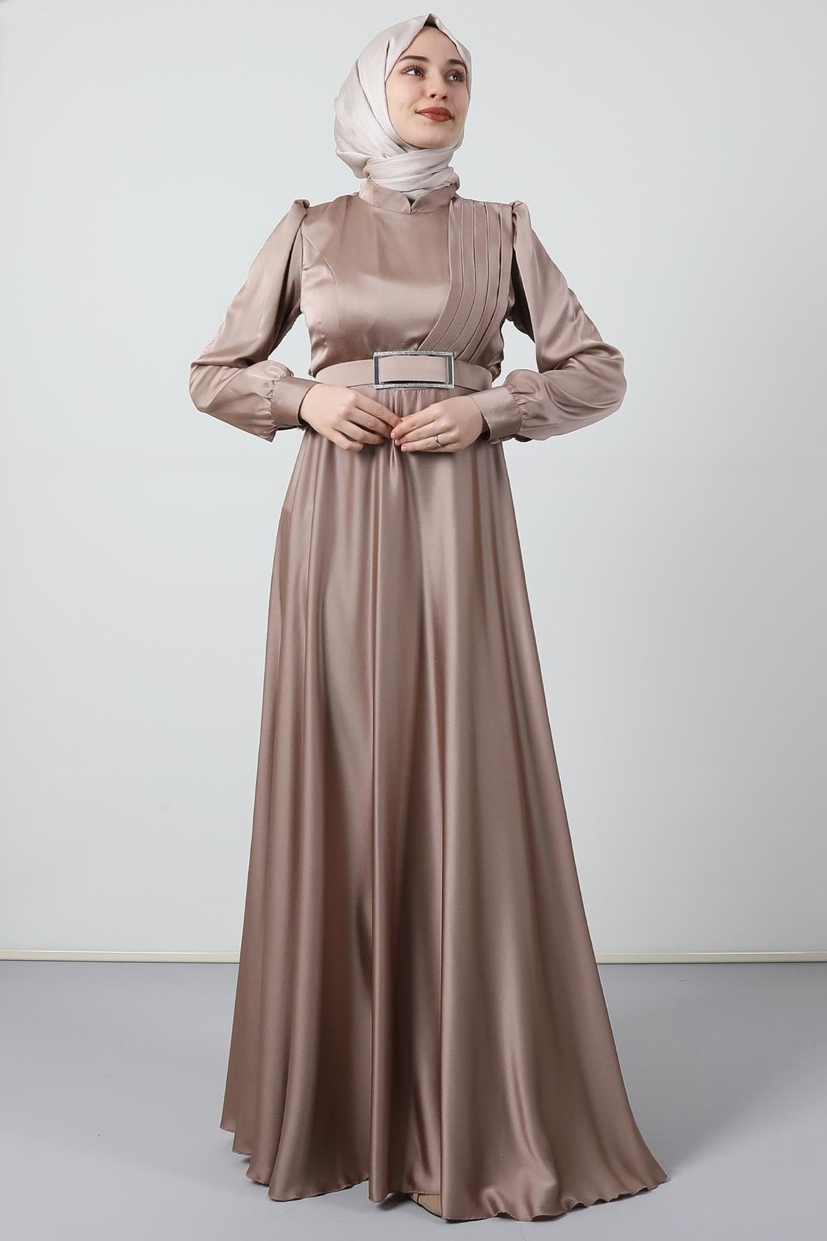 Giza Giyim-Front Pleated Hijab Evening Dress Open Mink 3