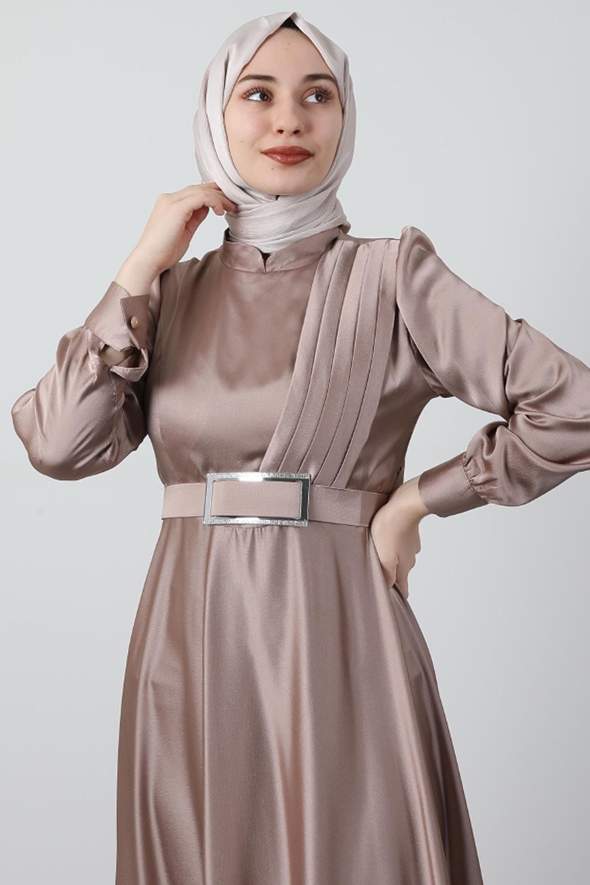 Giza Giyim-Front Pleated Hijab Evening Dress Open Mink 5