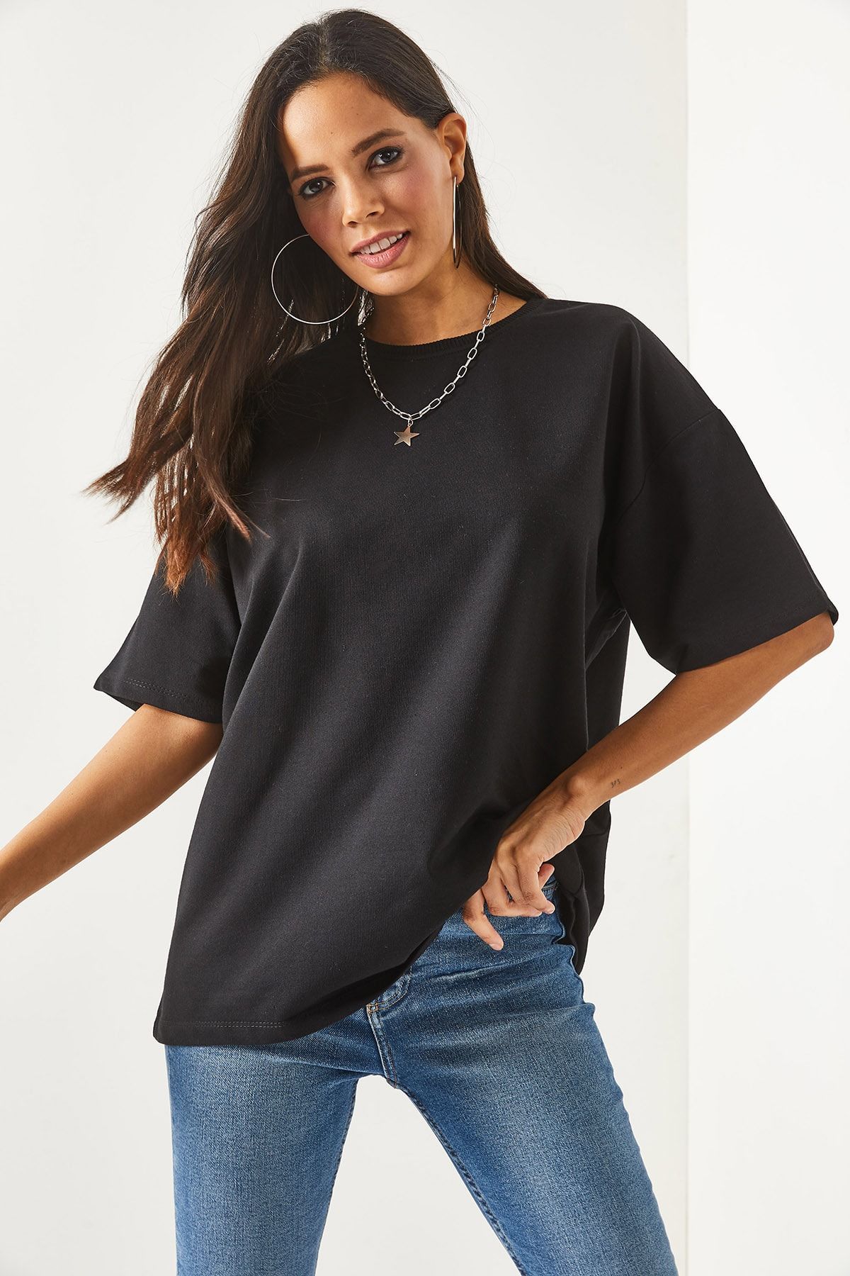 Olalook-Damen-T-Shirt in schlichtem Schwarz vorne und hinten bedruckt, 2-fädig, Unisex-Oversize-T-Shirt TSH-19000696 2