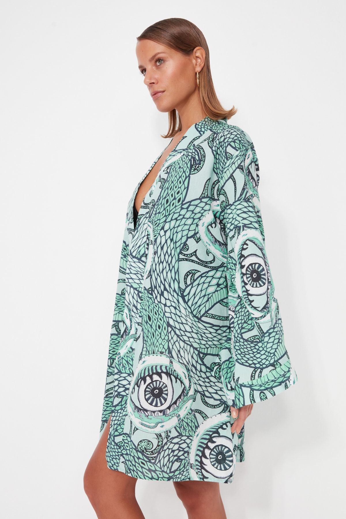 Trendyol Collection-Мини тъкани кимоно и кафтан от 100% памук с колан с етнически шарки TBESS23KM00034 2