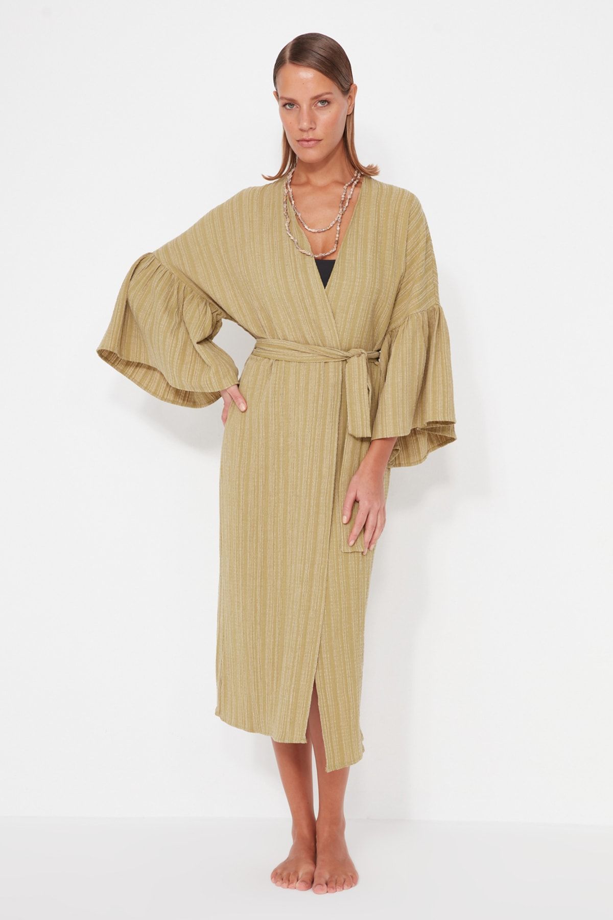 Trendyol Collection-Kimono și caftan în amestec de in, țesute maxi cu brâuri kaki TBESS23KM00028 3