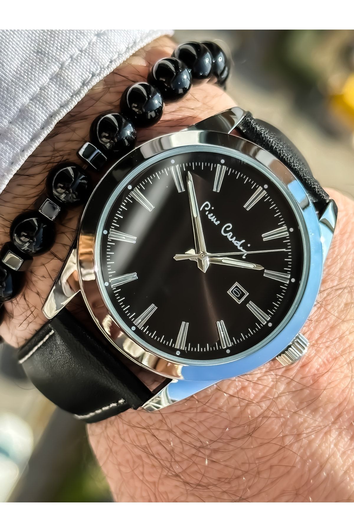 Pierre Cardin Brand Silver Color Steel Case Black Leather Strap Men s Wristwatch Bracelet Gift