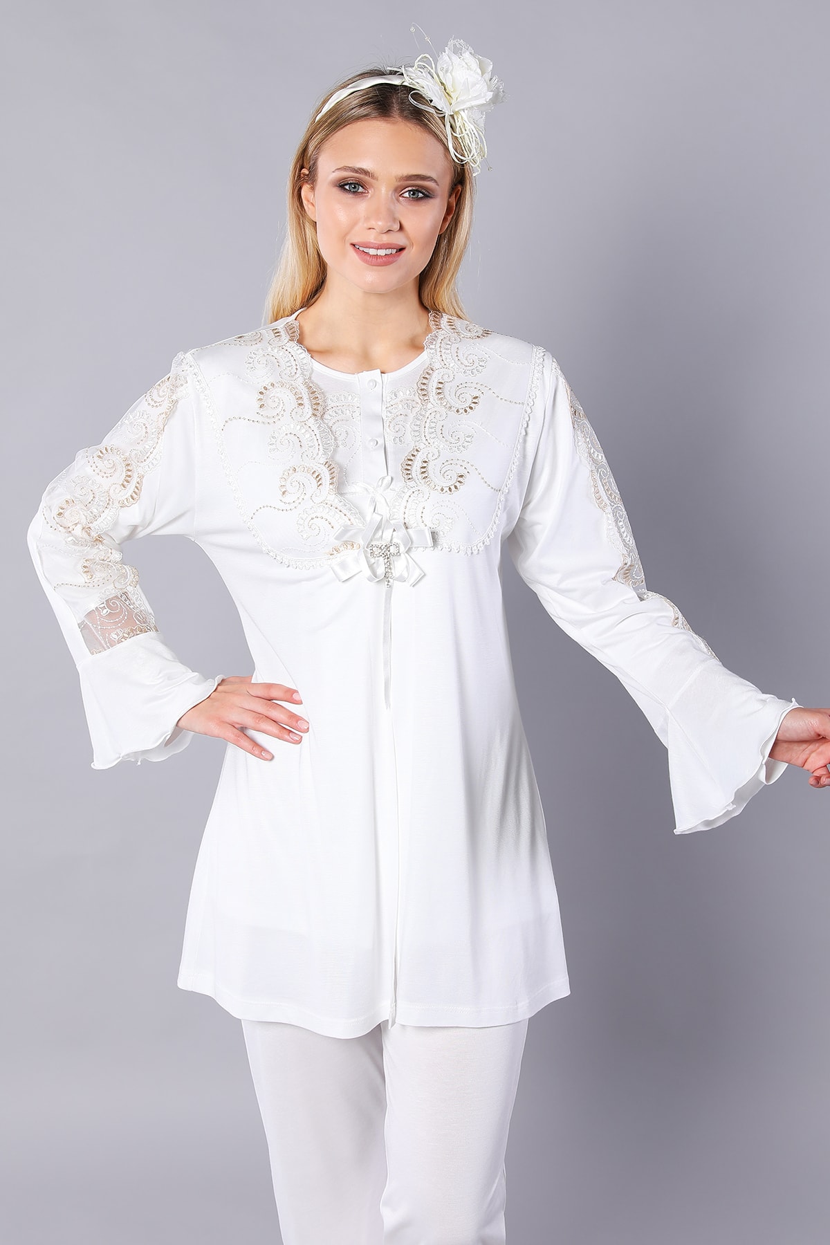 Emose Dantelli Lohusa Pijama Takım Ekru