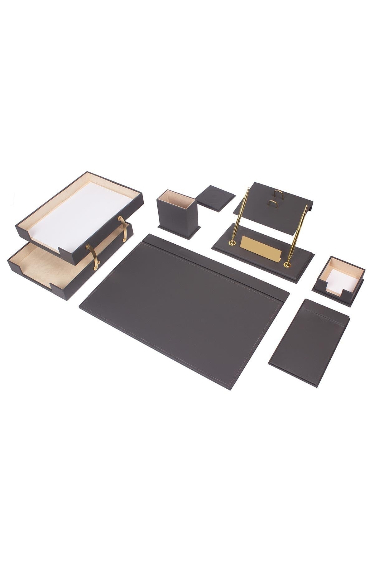 Güner Ofis Deri Sümen Takımı Gri 10 Parça Iklili Evrak Raflı