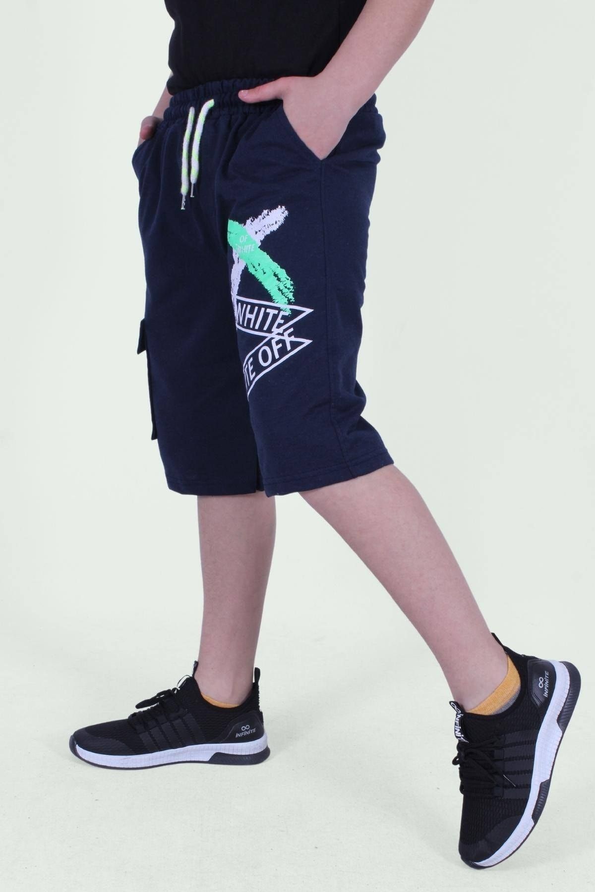 PAN O K DS Boys Off White Text Printed Capri Shorts with Cargo