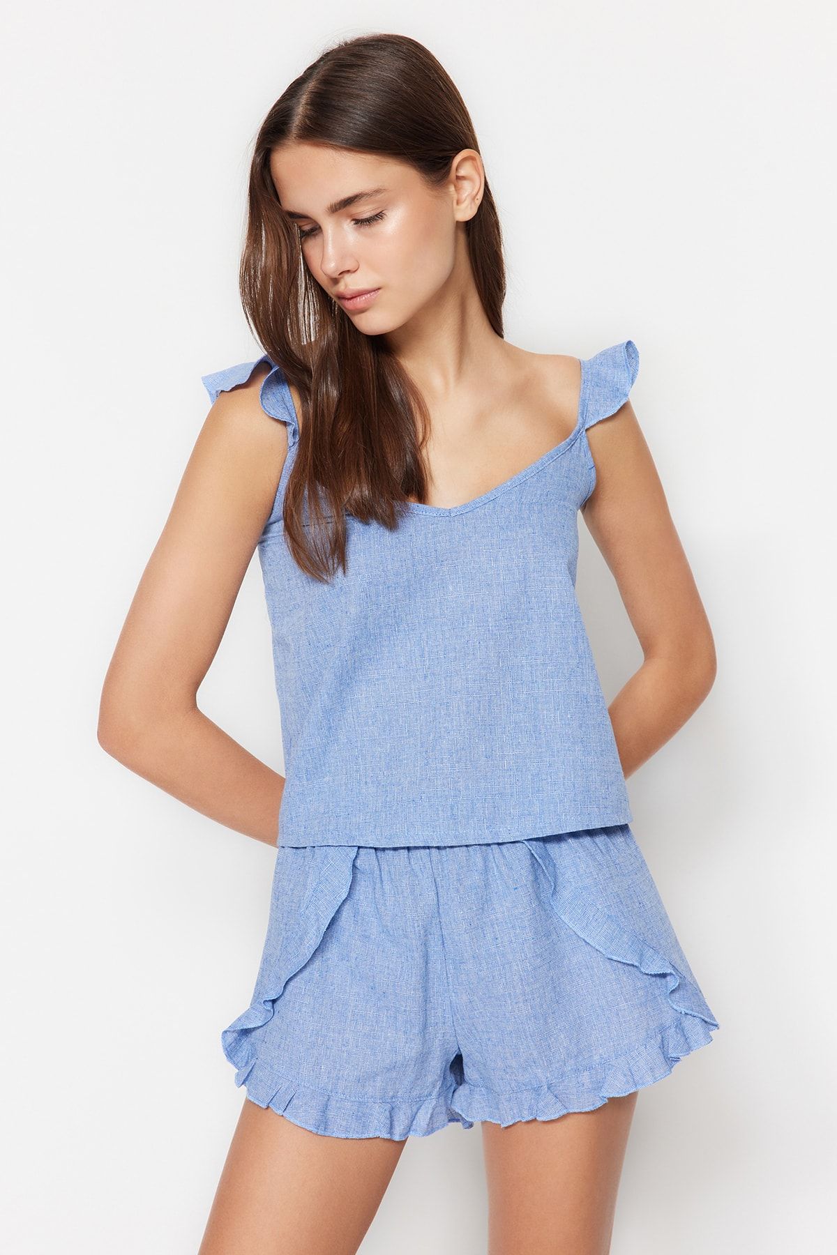 Trendyol Collection-Blue 100% Cotton Ruffle Detailed Tank Top-Shorts Pajamas Set THMSS23PT00231 3