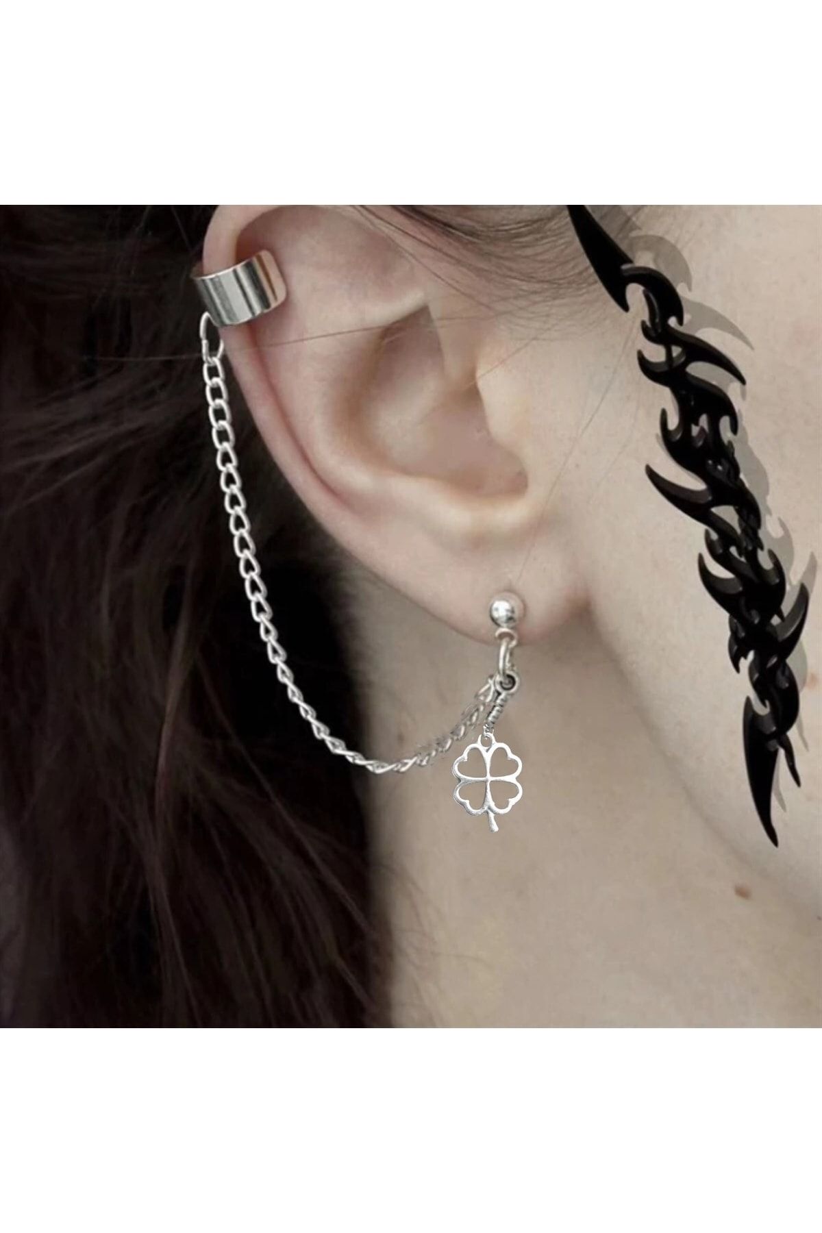 The Champs Gothic Punk Cross Long Chain Four leaf Clover Earrings