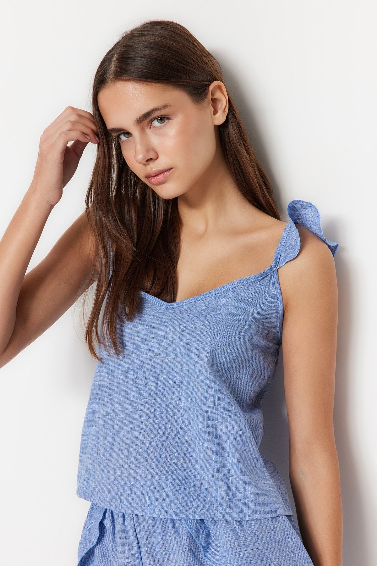 Trendyol Collection-Blue 100% Cotton Ruffle Detailed Tank Top-Shorts Pajamas Set THMSS23PT00231 2