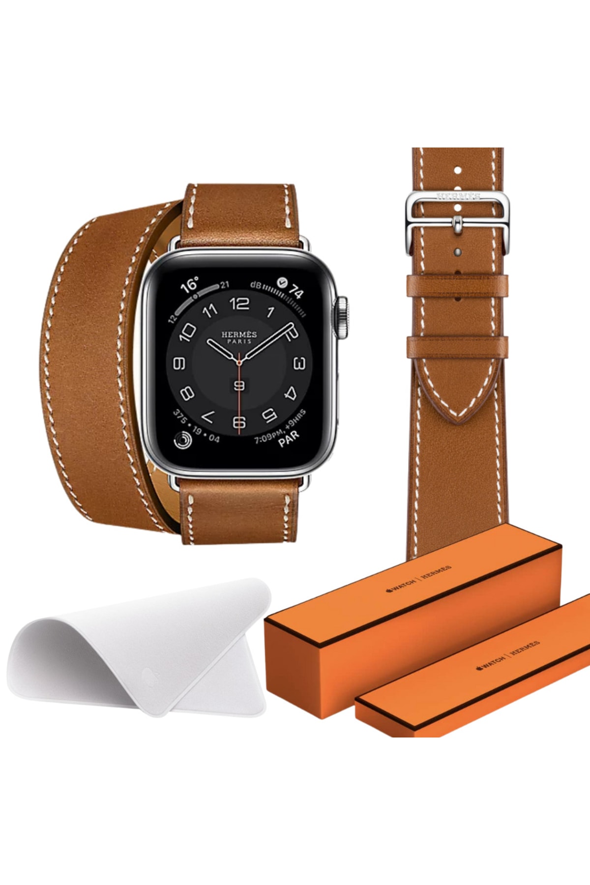 SFA15 Watch Hermes 44mm Akıllı Saat Kahverengi Çift Kordon Temizleme Bezi Hediyeli Set