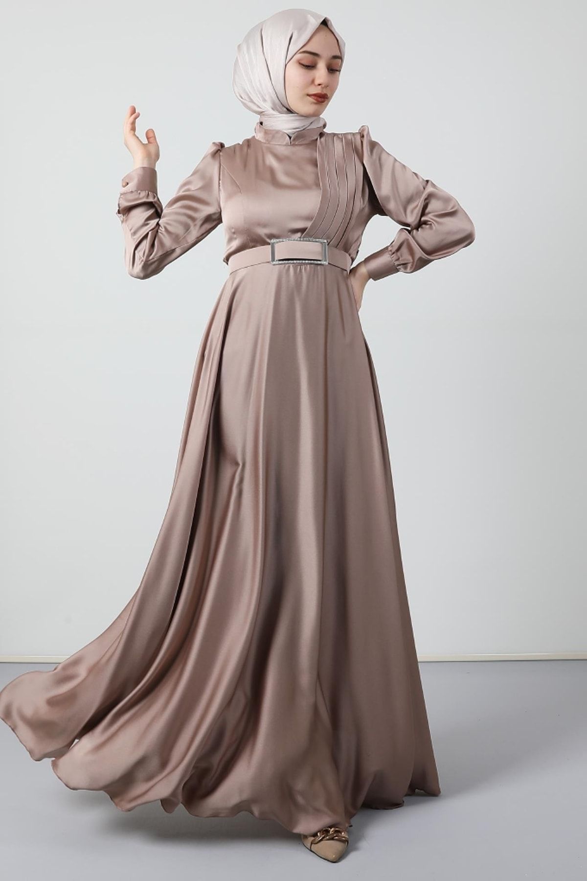 Giza Giyim-Front Pleated Hijab Evening Dress Open Mink 2