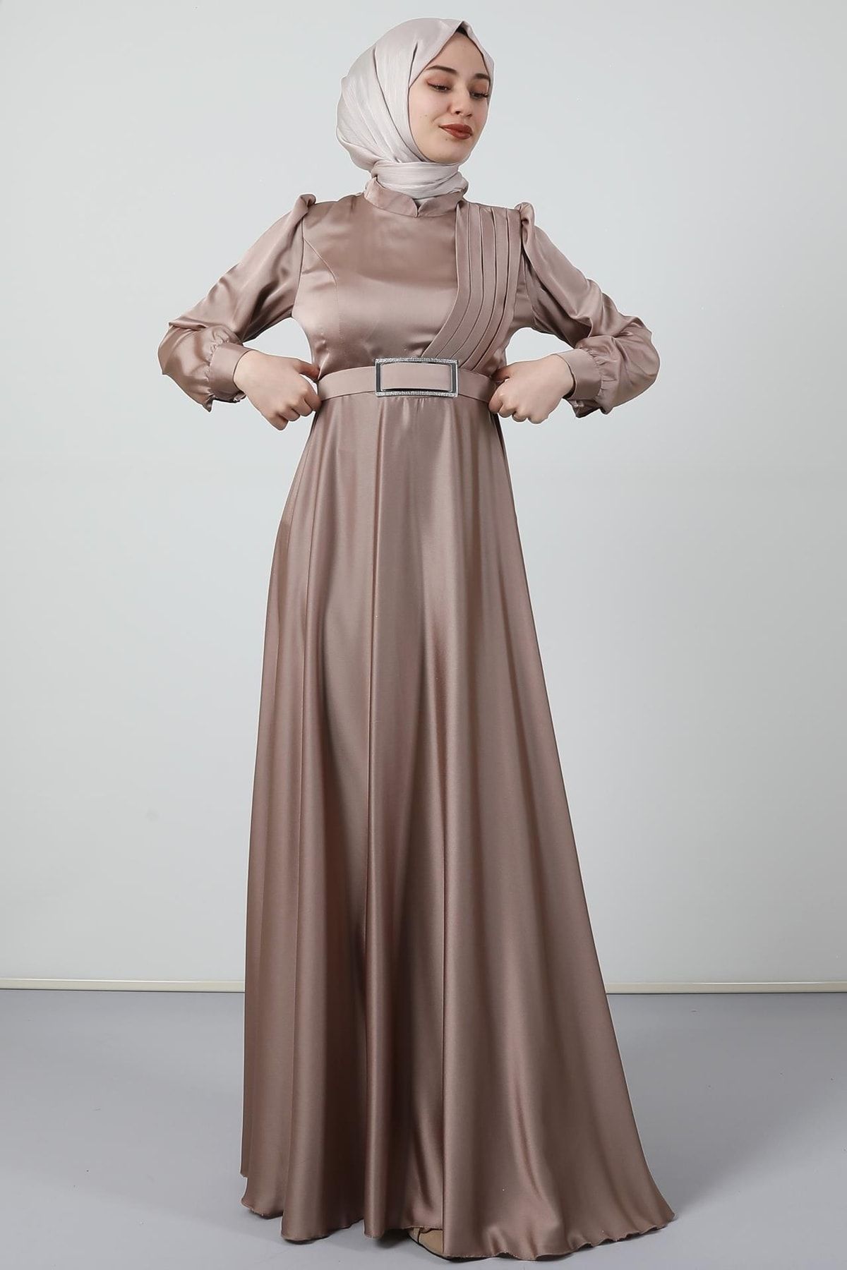 Giza Giyim-Front Pleated Hijab Evening Dress Open Mink 4