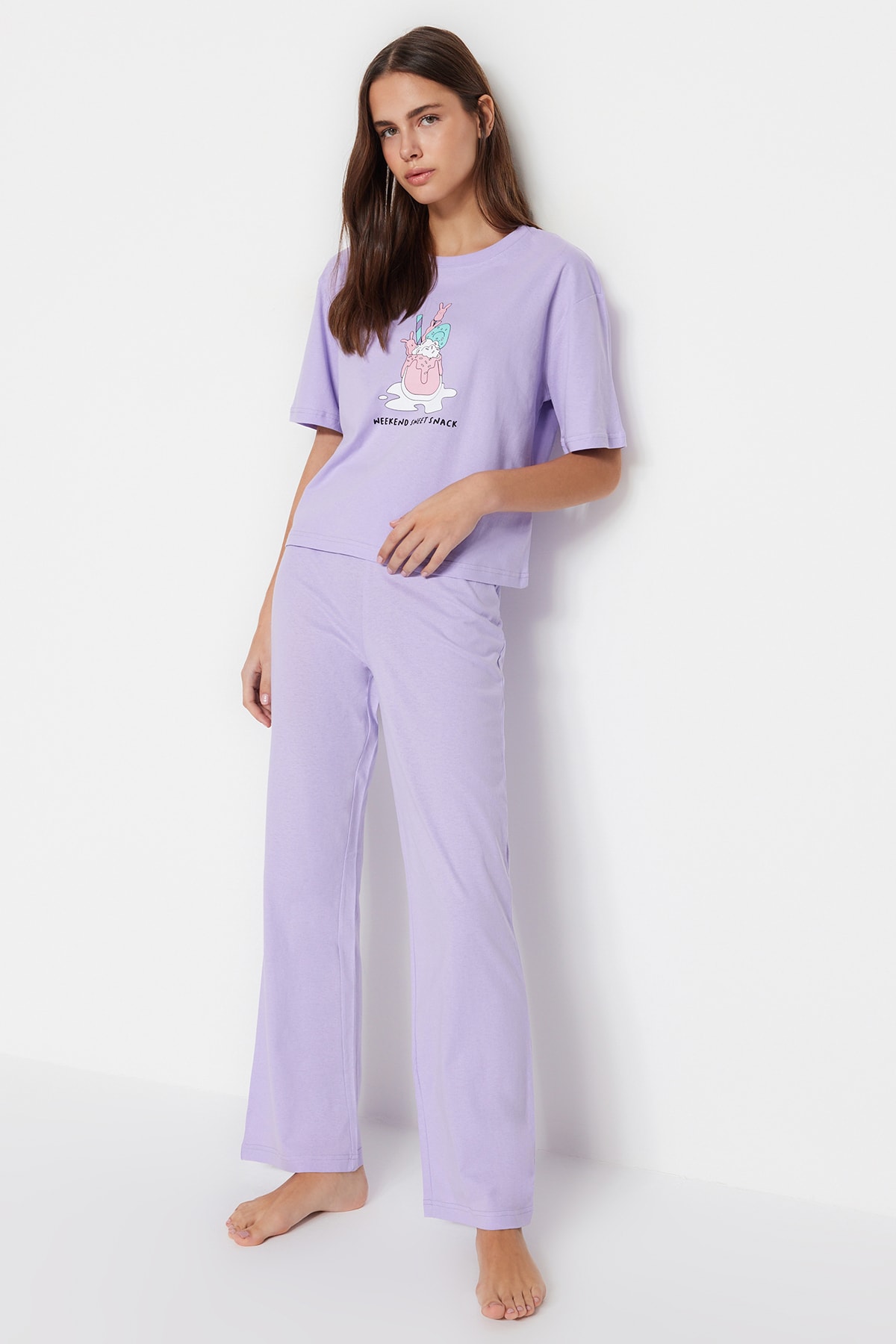 Trendyol Collection Lilac 100% Cotton Fun Printed Knitted Pajamas Set Thmss23Pt00134