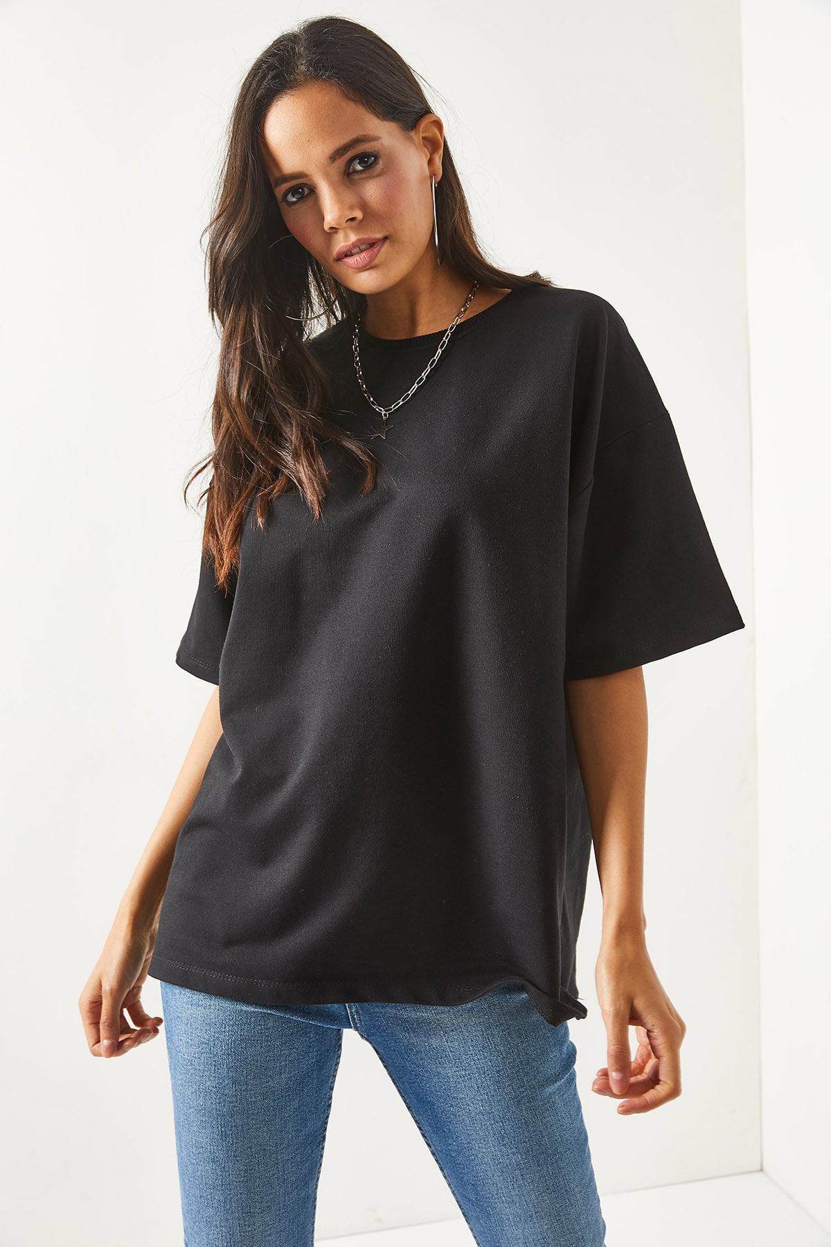 Olalook-Damen-T-Shirt in schlichtem Schwarz vorne und hinten bedruckt, 2-fädig, Unisex-Oversize-T-Shirt TSH-19000696 3