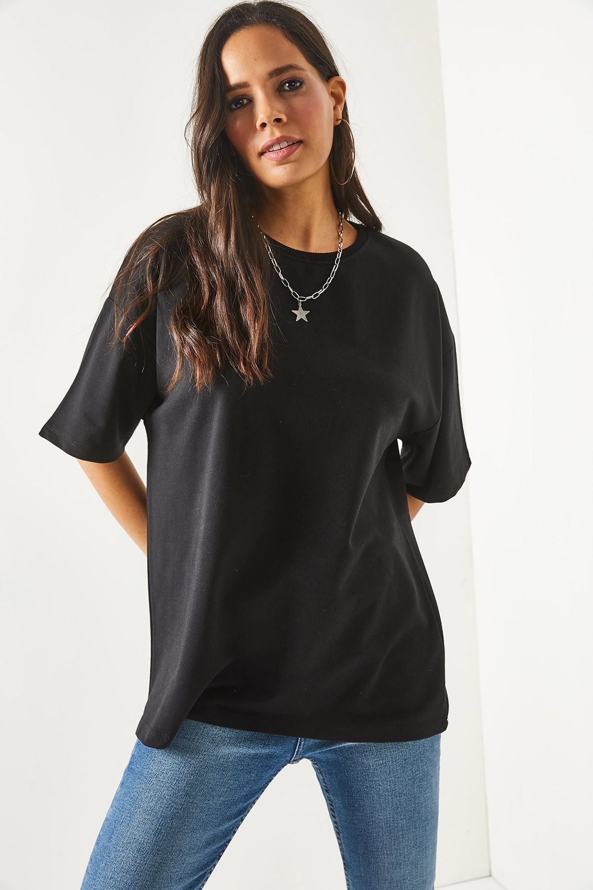 Olalook-Damen-T-Shirt in schlichtem Schwarz vorne und hinten bedruckt, 2-fädig, Unisex-Oversize-T-Shirt TSH-19000696 4