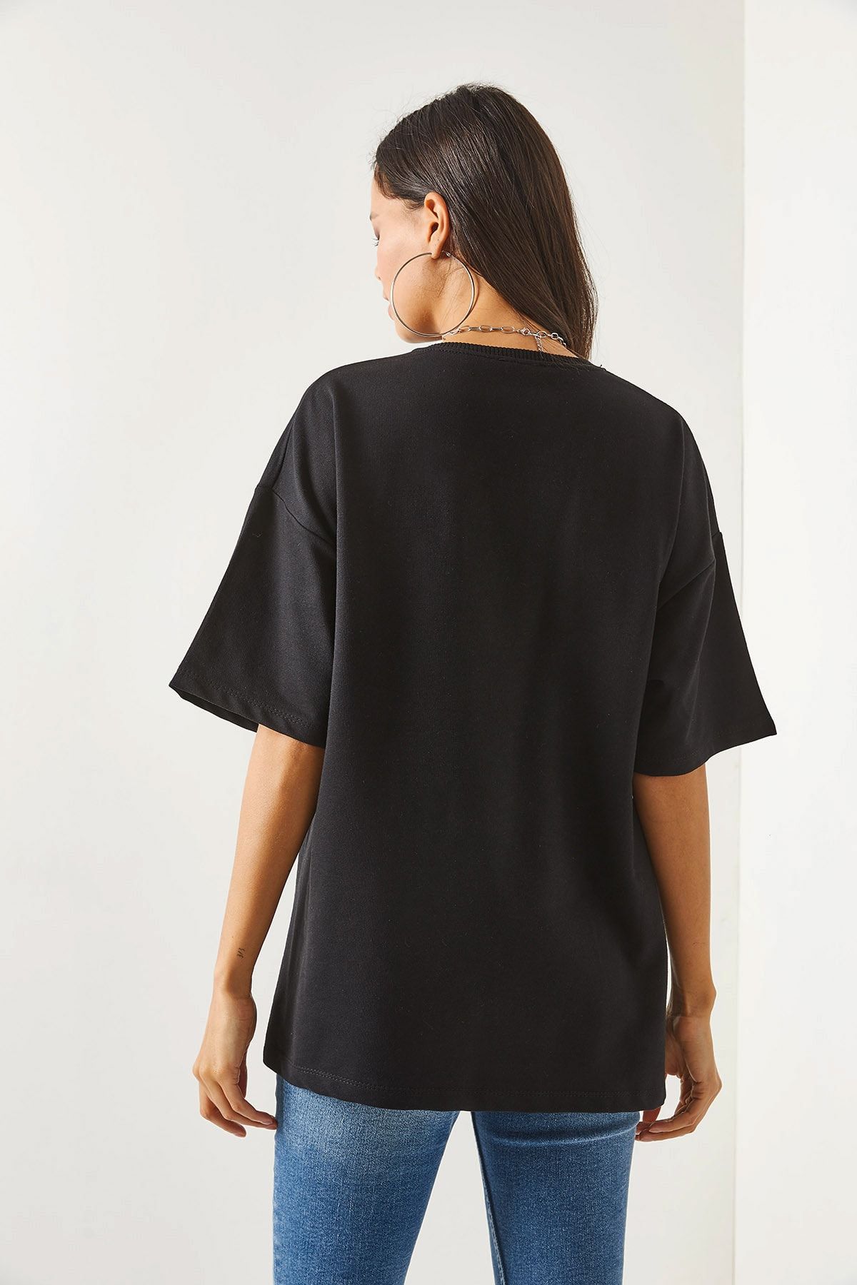 Olalook-Damen-T-Shirt in schlichtem Schwarz vorne und hinten bedruckt, 2-fädig, Unisex-Oversize-T-Shirt TSH-19000696 5