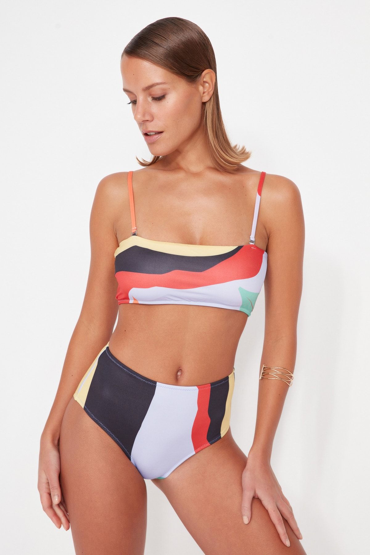 Trendyol Collection-Colorful Abstract Patterned High Waist Bikini Bottom TBESS22BA0014 3