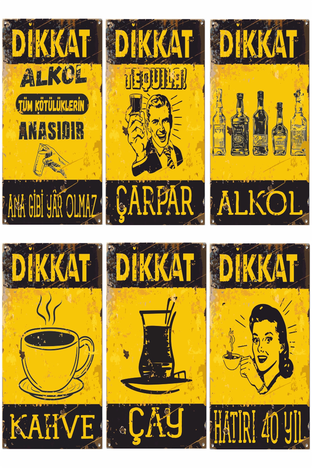 Hayat Poster Alkol Çay Kahve Bar Cafe Temalı 6lı Mini Retro Ahşap Poster Seti