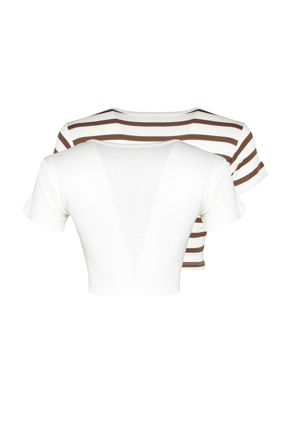 Trendyol Collection-Premium Ecru-Ecru Braun gestreifte 2er-Pack Viskose-Crop-Stretch-Strickbluse TWOSS23BZ00194 21