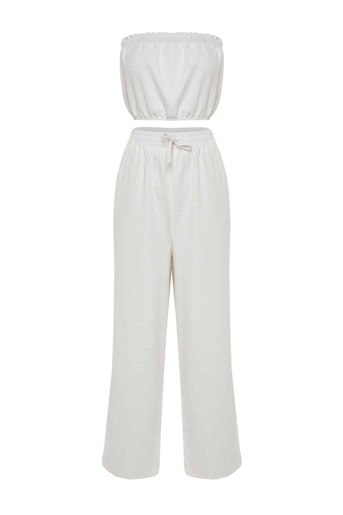 Trendyolmilla  Plaj Giyim Beyaz Dokuma Büzgülü Bluz-Pantolon Takım TBESS23AU00007 - Görsel 7