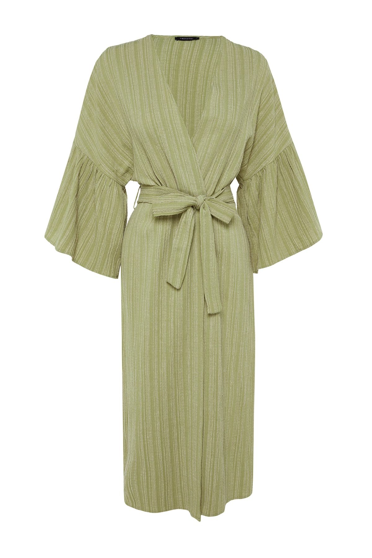 Trendyol Collection-Kimono și caftan în amestec de in, țesute maxi cu brâuri kaki TBESS23KM00028 6
