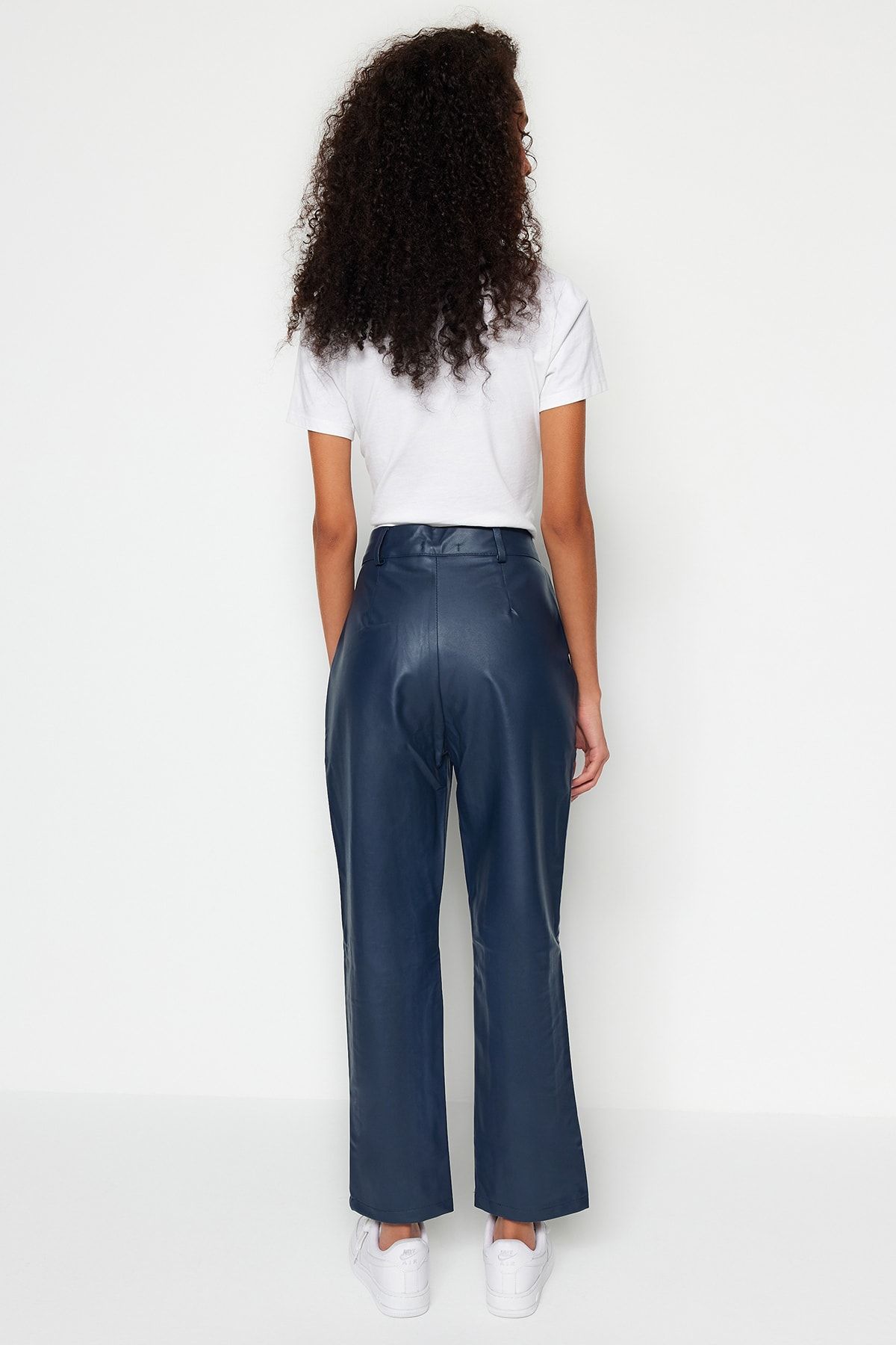 Navy faux leather trousers hotsell