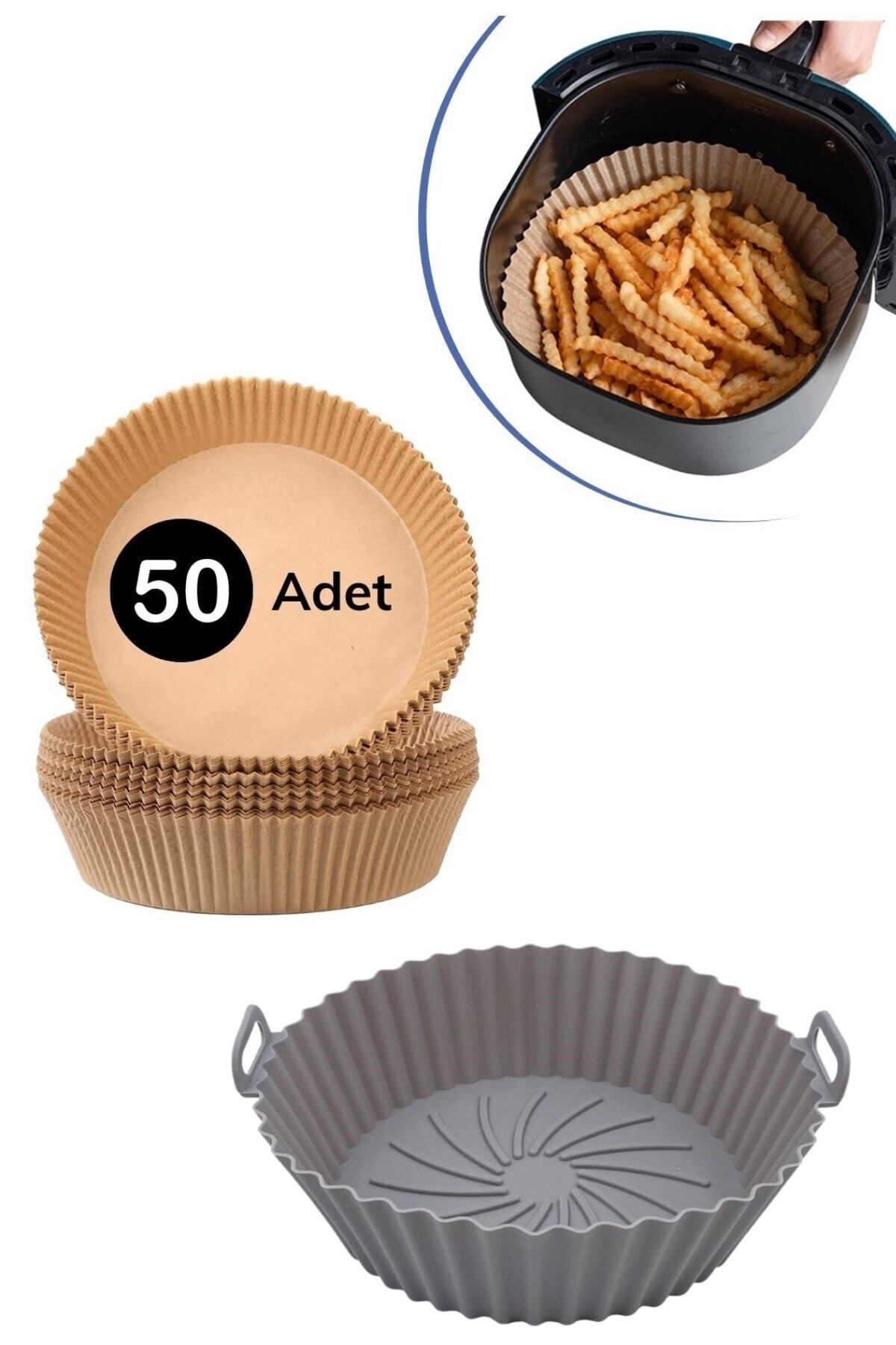 Buffer ® Colorful Silicone Airfryer Gray Round Baking Mat 20 Cm and 50 Pieces of Baking Paper