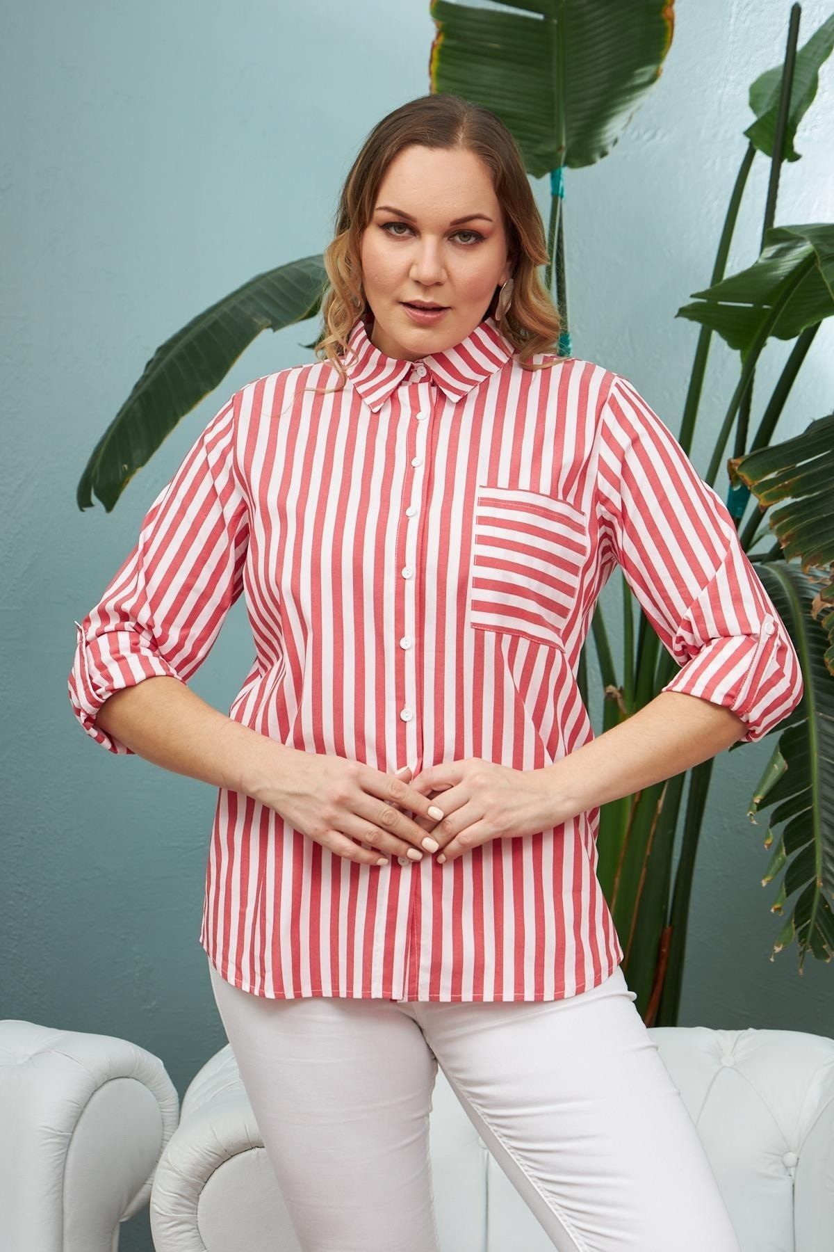 Plus size red and white striped top online