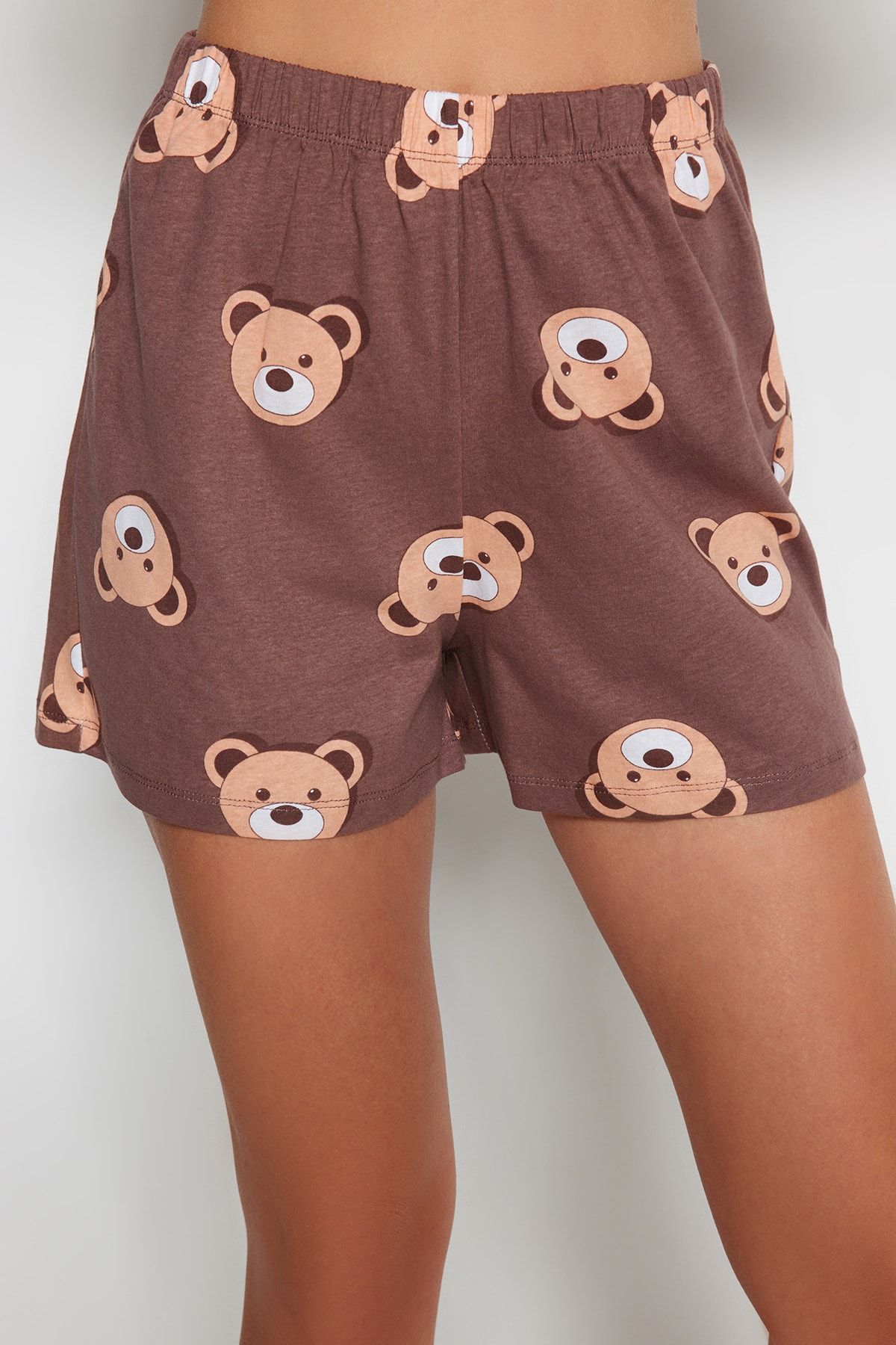 Trendyol Collection-Braunes Pyjama-Set mit Teddybär-Shorts aus 100 % Baumwolle – THMSS23PT00005 6