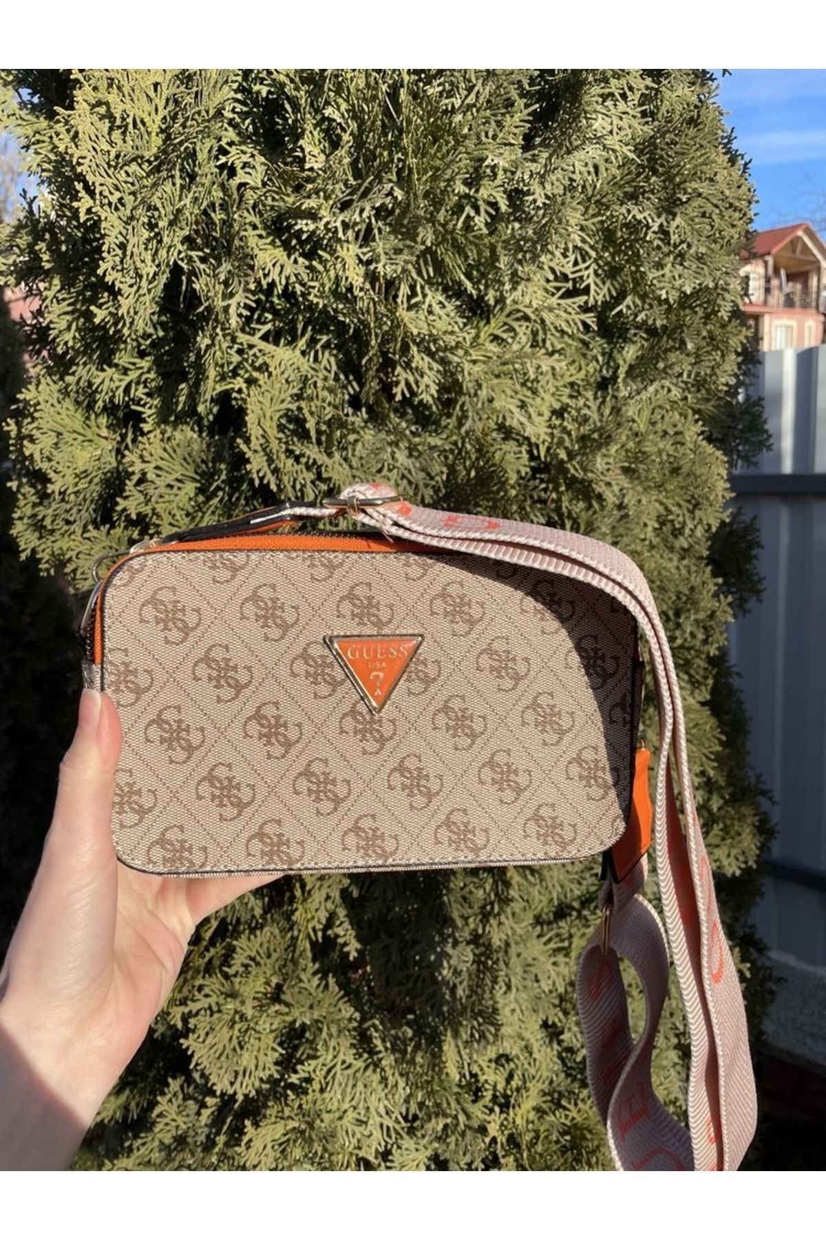 Madame Women s Column Strap Beige orange Cross Shoulder Bag with Two Compartments Pockets