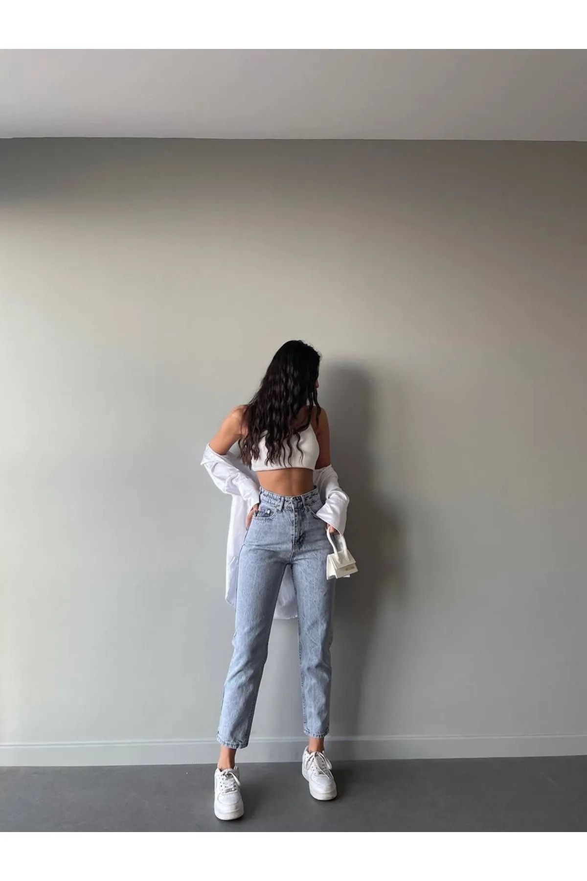MAKRAS EXCLUSIVE-Svetlomodré dámske lycrové džínsy Maria, Acid Snow Wash, Mom Jeans Super High Waist Comfort 2