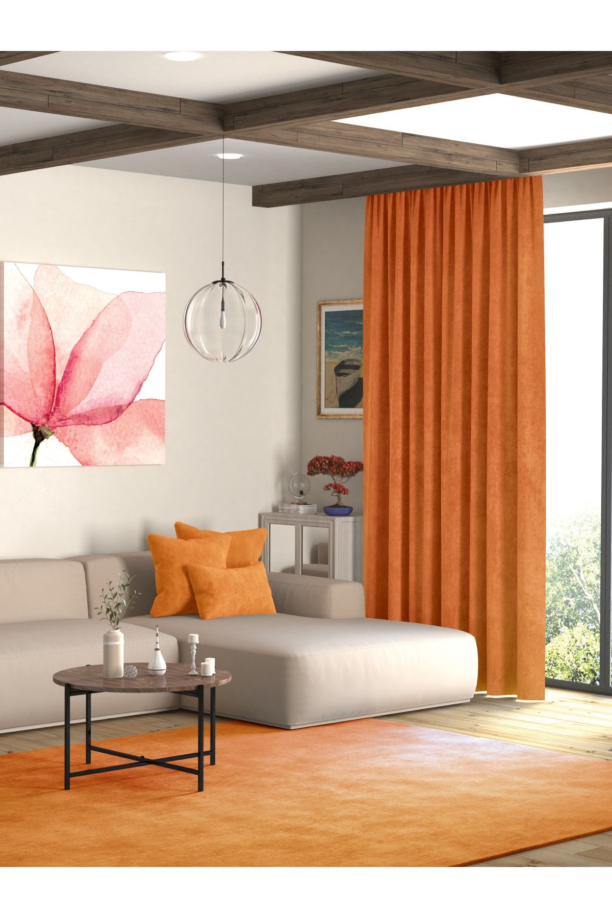 Pastel-Velvet Textured Tangerine Orange Island Background Curtain Extrafor Drawstring 3