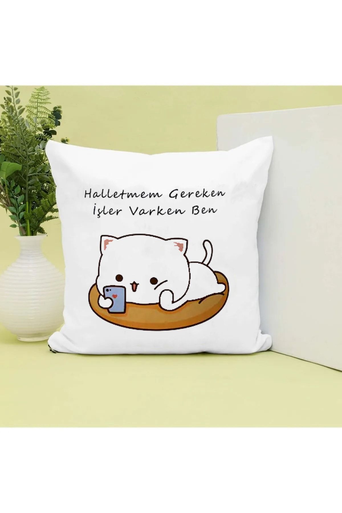 G nayStore Mochi Cat Printed Gift Pillow Watching His Phone While I Have Things to Take Care of