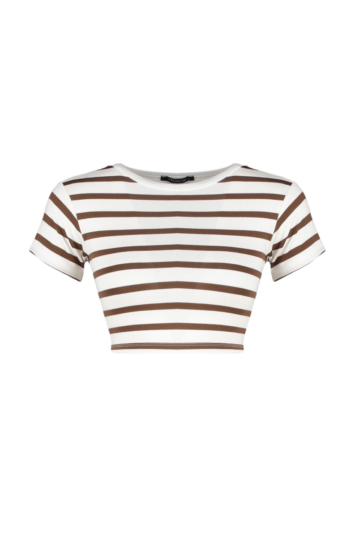 Trendyol Collection-Premium Ecru-Ecru Braun gestreifte 2er-Pack Viskose-Crop-Stretch-Strickbluse TWOSS23BZ00194 15