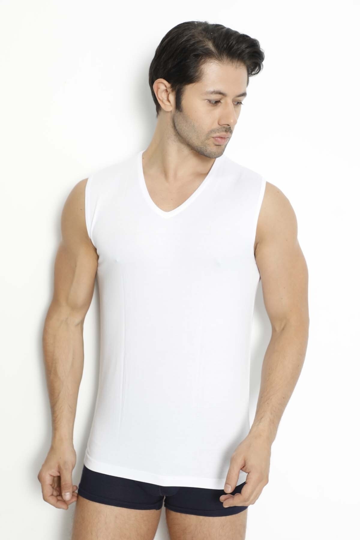 LÜXDRM 3 Adet, Bambu Kumaş, Kolsuz, V Yaka, Likralı Erkek Atlet & T-shirt Beyaz